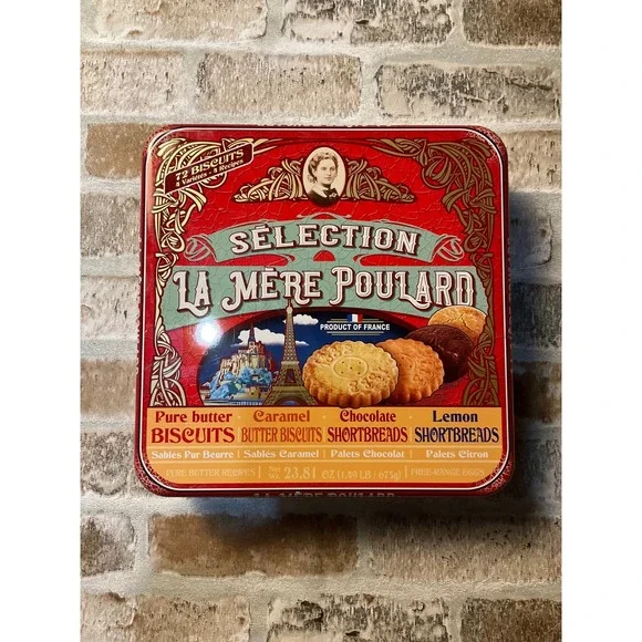 La Mere Poulard French Biscuit Tin Selection 1888 Red Collectible Metal Box 9x9 - Picture 1 of 8